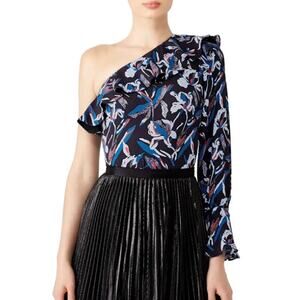 Tanya Taylor Oral Blue Floral Silk One Shoulder Blouse